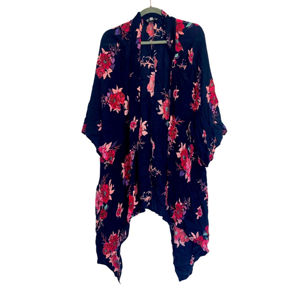 Patrons Of Peace Open Front Semi Sheer Kimono Cardigan Navy Floral Boho Large